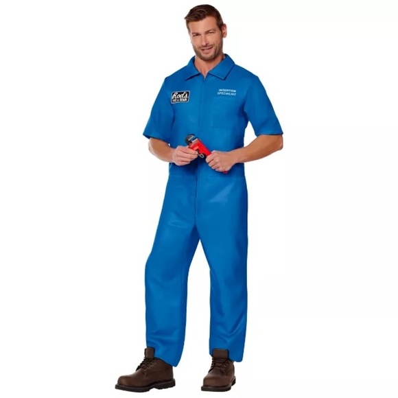 SPIRIT HALLOWEEN Mens Costume Blue Work Jumpsuit Plumber Handyman - Picture 1 of 8